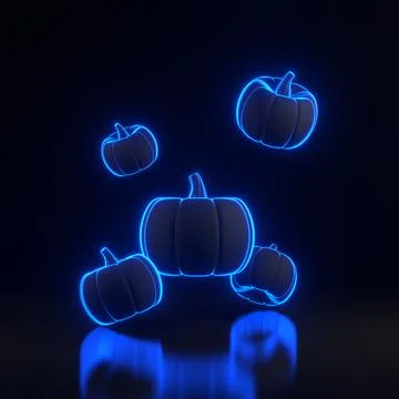 Jack-o-Lantern pumpkins floating with blue neon lights on black background Stock Illustration