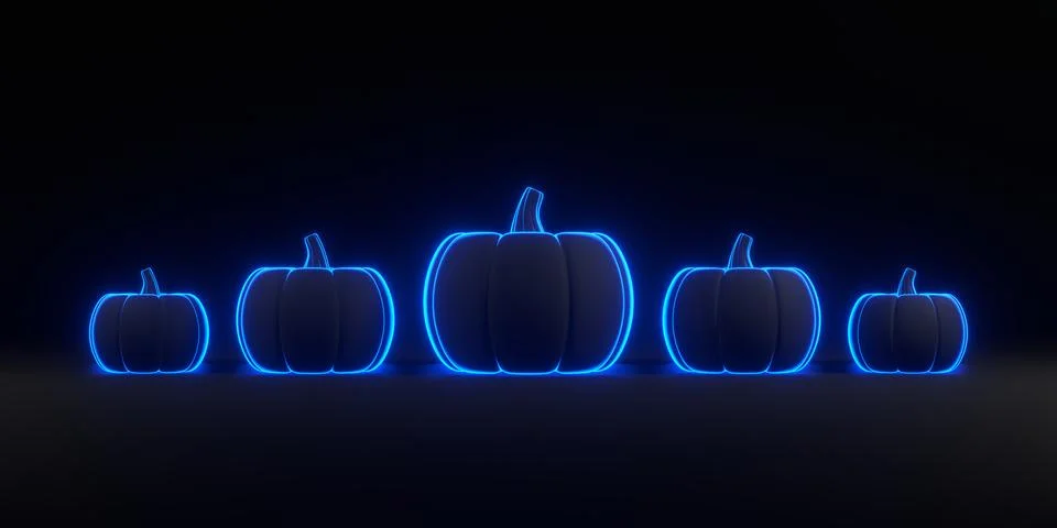 Jack-o-Lantern pumpkins lined up with blue neon lights on black background Stock Illustration