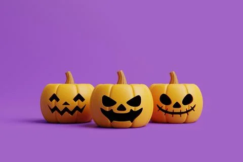 Jack-o-Lantern pumpkins on purple background. Happy Halloween concept Stock Illustration