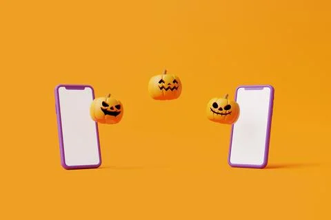 Jack-o-Lantern pumpkins with smartphone on orange background Stock Illustration