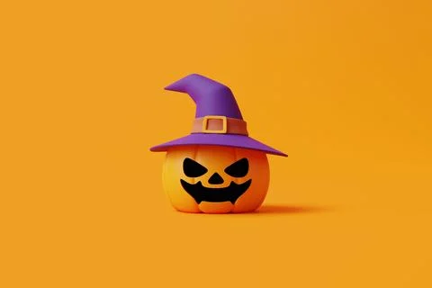 Jack-o-Lantern pumpkins wearing witch hat on orange background Stock Illustration