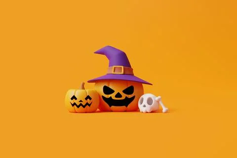 Jack-o-Lantern pumpkins wearing witch hat with skull and bones Stock Illustration