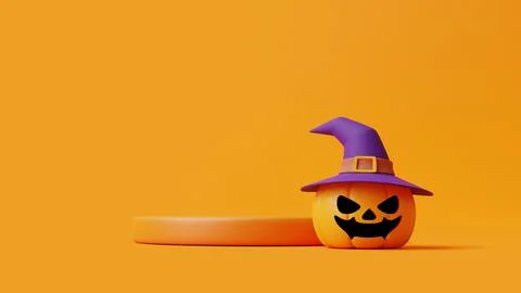 Jack-o-Lantern pumpkins wearing witch hat and podium for product display Stock Illustration