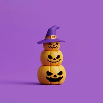 Jack-o-Lantern pumpkins wearing witch hat on purple background Stock Illustration