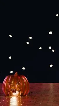 Jack-o'-lantern reflected on shiny golden pavers with spirit lights Stock Illustration