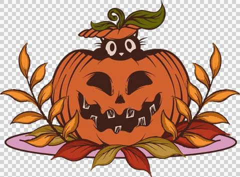 Jack-o'-lantern is revealing black cat, autumn leaves and pink oval, flat, Stock Illustration