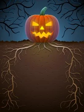 Jack-o-lantern with roots in night lighting Stock Illustration