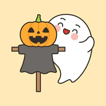Jack O Lantern Scarecrow With Cute Ghost Character Illustrazione stock