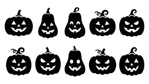 Jack o lantern set with various scary and funny faces, halloween pumpkin ic.. Stock Illustration