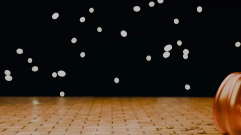 Jack-o'-lantern on shiny golden bricks with spirit lights, 4K Stock Footage 346119734