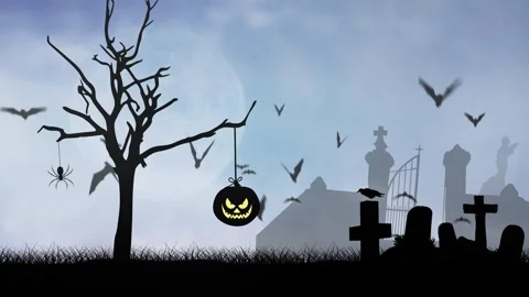 Jack O Lantern on a Tree with Bats 4K Loop Stock Footage 288245264