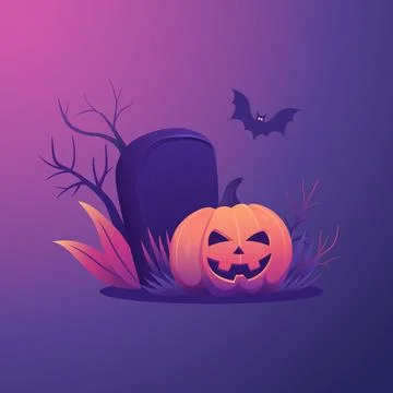 Jack o lantern under a night sky with bat, tombstone and plants Stock Illustration