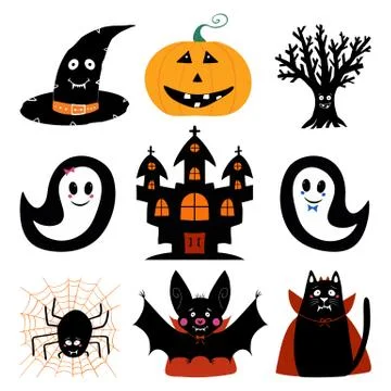 Jack o lantern, witch hat, dry tree, ghost, castle, bat, cat, spider. Hallowe Stock Illustration