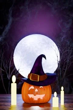 Jack-o'-lantern with a witch hat and candles in front of a full moon. Illustrazione stock