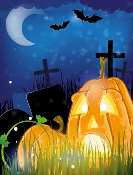 Jack o lanterns on a cemetery Stock Illustration