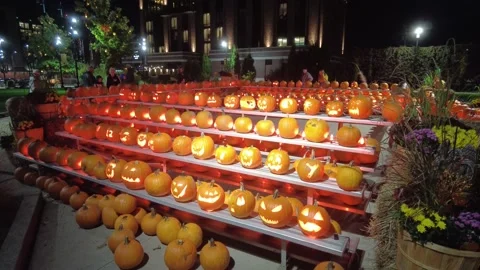Jack-o-Lanterns on Display Stock Footage 163912599