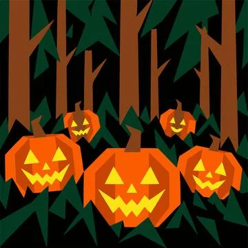 Jack o lanterns in forest, scary carved pumpkins at night, halloween theme Stockillustratie