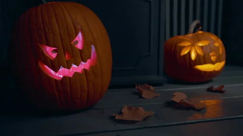 Jack-O-Lanterns on Front Porch CU Stock Footage 220467939
