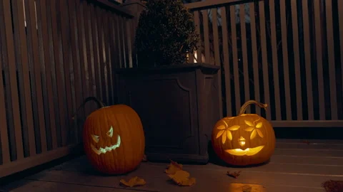 Jack-O-Lanterns on Front Porch Stock Footage 220692911