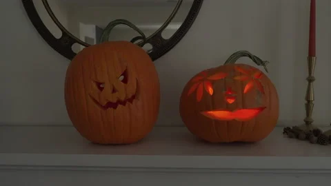 Jack-O-Lanterns on Mantel Stock Footage 220695386