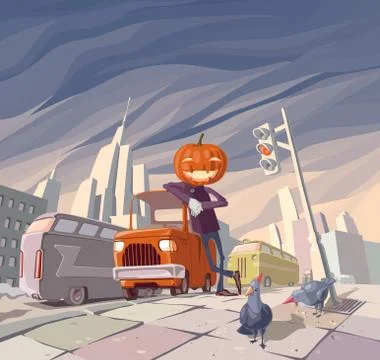 Jack O'Lantern and His Orange Car. Stock Illustration