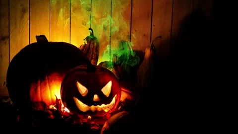 Jack pumpkin lantern. Mystical pumpkin with smoke in the dark. Stock Footage 314150329