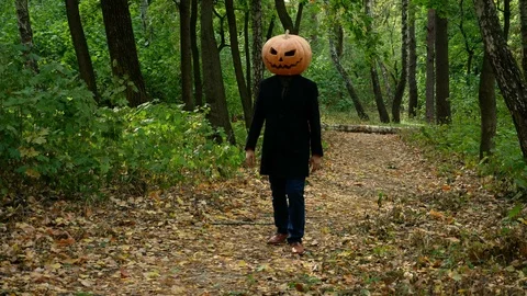 Jack Pumpkinhead walks through the woods, Guy puts a real pumpkin on his head. Stock Footage 116500143