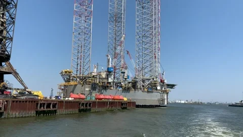 Jack up (self elevating) drilling rig at Port of Rotterdam. Netherlands Stock Footage 254190206