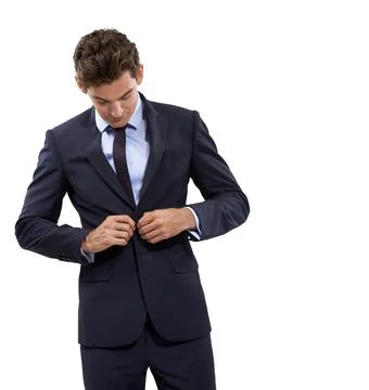 Jacket, button and businessman adjust suit in white background of studio. B.. Stock Photos