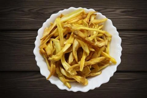 Jackfruit chips are a fried snack in Kerala. Also known as Chakka Chips, th.. Stock Photos