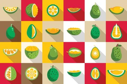 Jackfruit icons set flat vector. Vegan tropical exotic Stock Illustration