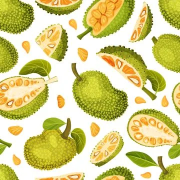 Jackfruit Natural Seamless Pattern with Green Tropical Fruit Vector Template Stock Illustration