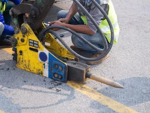 Jackhammer and drilling machine on construction site Foto stock
