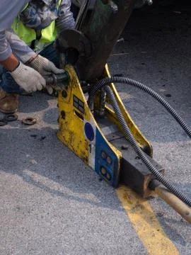 Jackhammer and drilling machine on construction site Stock Photos
