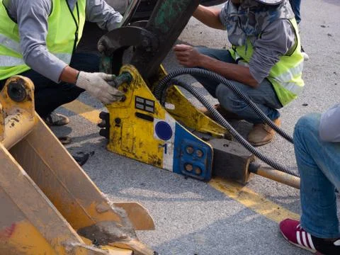 Jackhammer and drilling machine on construction site Foto stock