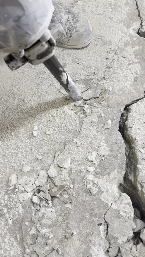 Jackhammer breaking concrete floor close up - Vertical Stock Footage 334431428