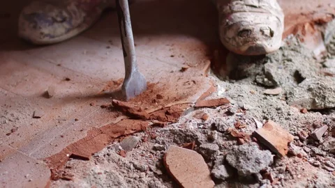Jackhammer drill breaks old concrete floor Stock Footage 109506536
