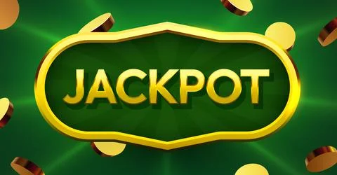 Jackpot golden text banner with falling coins on green background. Illustrazione stock