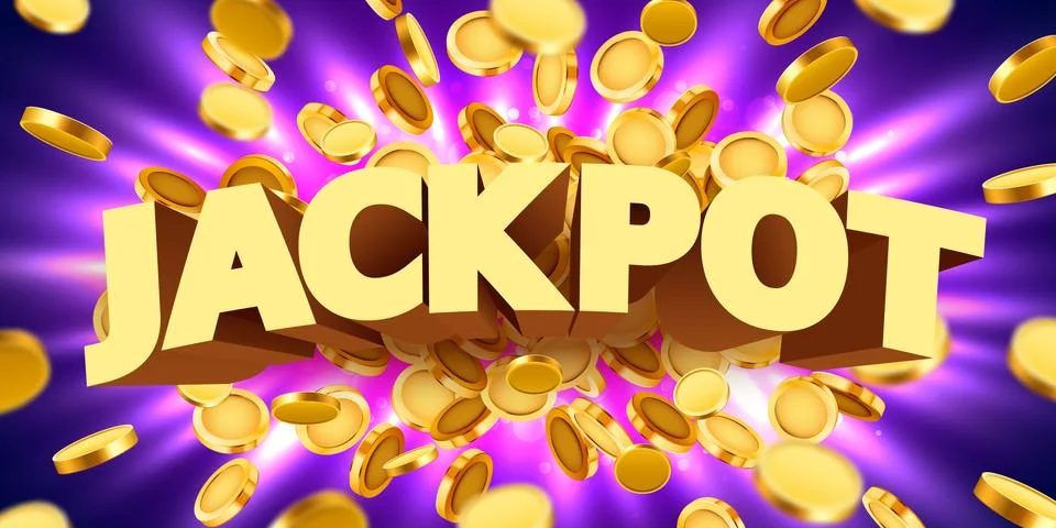 Jackpot sign with gold realistic 3d coins background. Stock Illustration