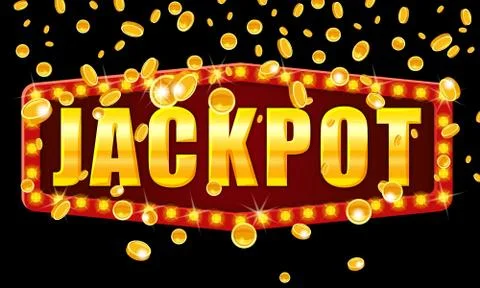 Jackpot Winner banner shining retro sign illuminated by spotlights falling coins Stock Illustration
