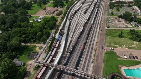 Jackson, MS CN railyard train tracks transportation downtown Stock Footage 312752360