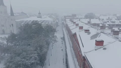 Jackson Square and St. Louis Cathedral Snowfall and Blizzard Aerial Stock Footage 330877504