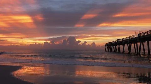 Jacksonville Beach Pier at sunrise Stock Footage