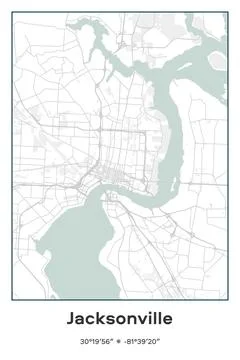 Jacksonville, Florida - vector map of city in Pastel, Gray, White, Green colors Stock Illustration
