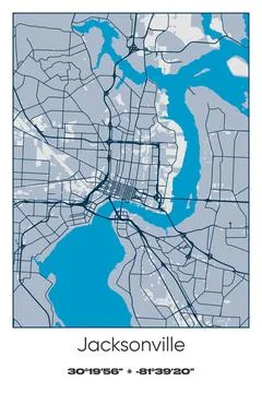 Jacksonville, Florida - vector map of city in Blue, Gray, Yellow, Olive colors Stock Illustration