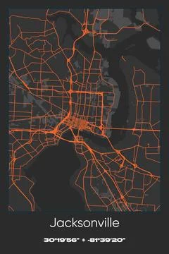 Jacksonville, Florida - vector map of city in Gray, Black, Orange colors Stock Illustration