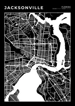 Jacksonville Map Wall Art Frame, Cartography Map Print, City Layout Map Stock Illustration