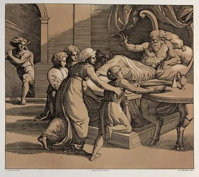 Jacob receiving Isaacs blessing instead of Esau. Colour lithograph by L. Gr.. Stock Illustration