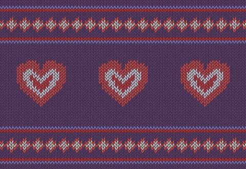 Jacquard pattern with red hearts on purple background Stock Illustration