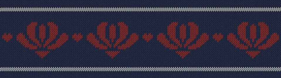 Jacquard wool knitted pattern with red flowers on blue background. Stock Illustration